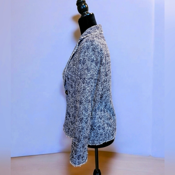 Tweed Fringe Trim Blazer-Navy Blue & White- Timeless Style - Picture 2 of 16
